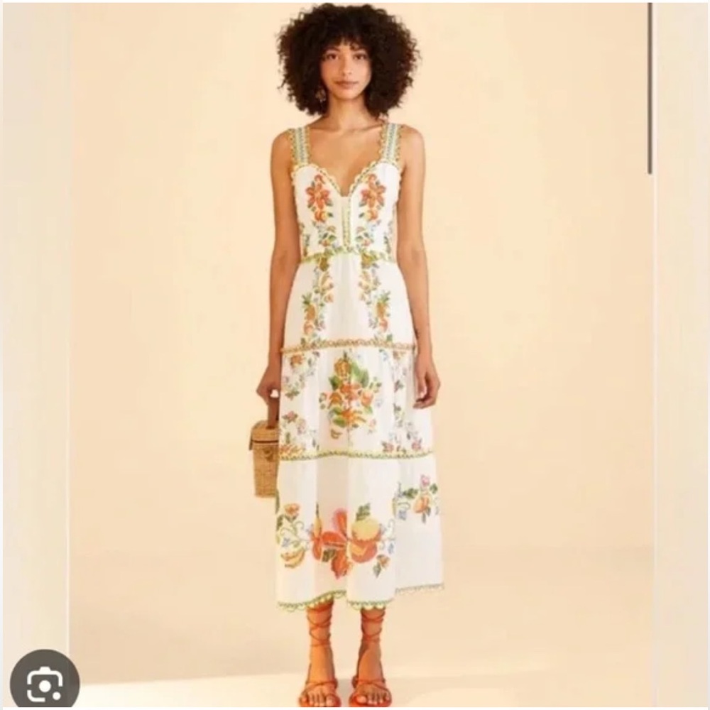 FARM Rio White Floral Midi Dress with Orange and Green Accents